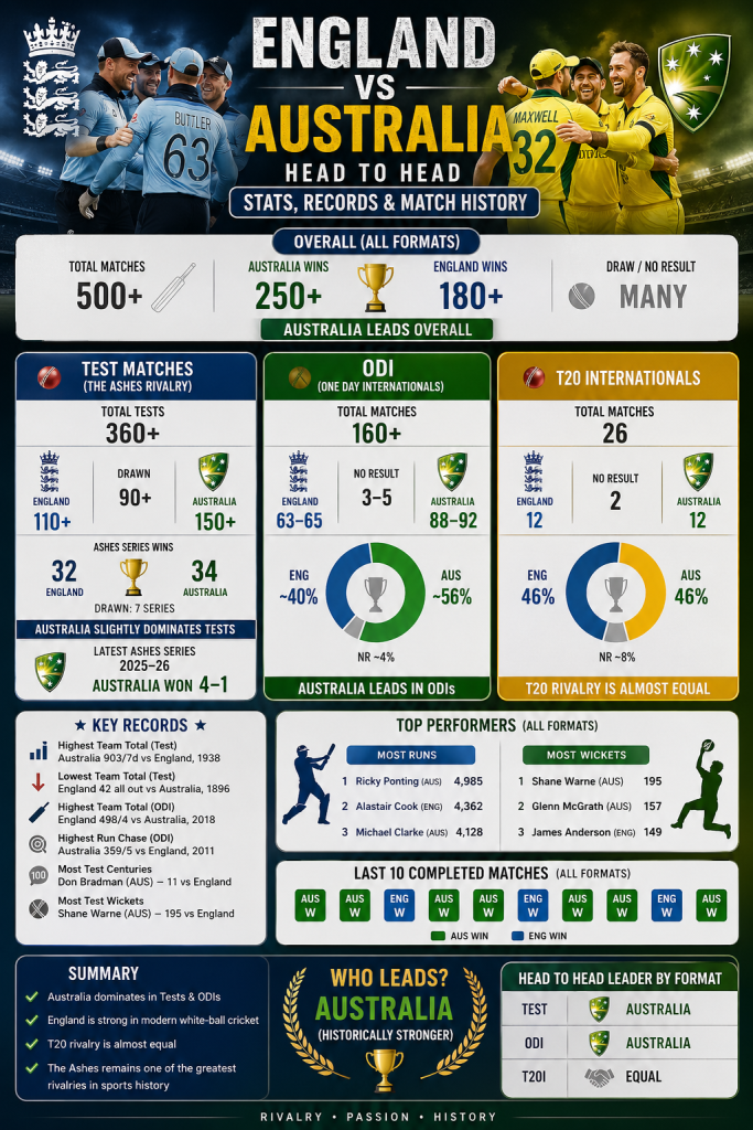 England vs Australia Head to Head Stats, Records & Match History