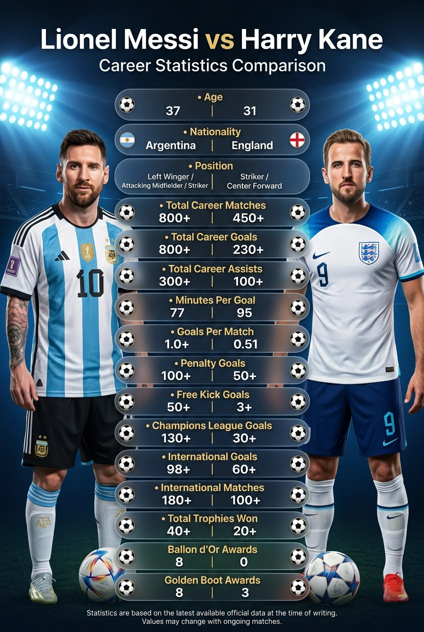 Lionel Messi vs Harry Kane Career Statistics